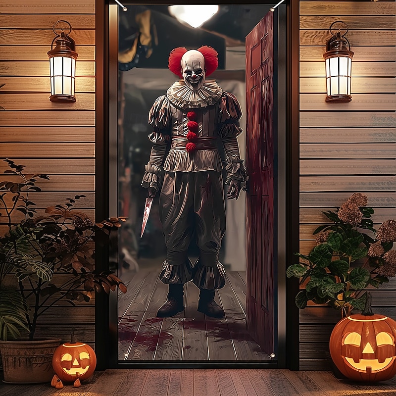 Halloween Door Cover Outdoor Banners Clown 3D Dark Punk Gothic Style Party Outdoor Shooting Backgrounds Front Door Wall Porch Home Decor2