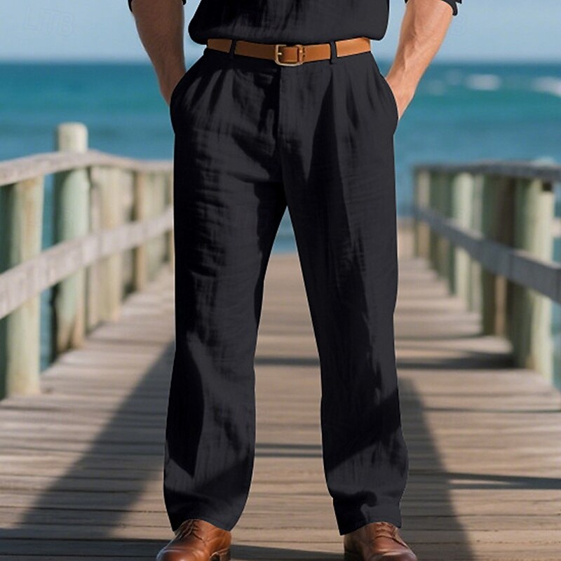 Men's Linen Pants Trousers Summer Pants Elastic Waist Straight Leg Plain Comfort Breathable Full Length Outdoor Casual Daily Fashion Classic Style Black White Inelastic2