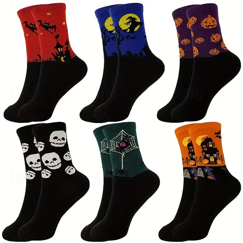 Halloween Cartoon Print Socks, Skull Pumpkin Bat Design, Unisex Moisture-Wicking Mid-Calf Socks for Autumn and Winter, Festive Casual Hosiery