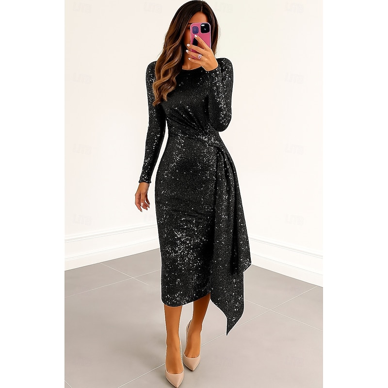 Red Black Sequined Column Cocktail Dresses Elegant Dress Formal Wedding Ankle Length Long Sleeve Crew Neck Mother Of the Bride Dress with Glitter 20253