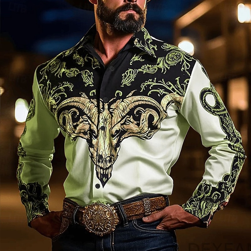 Men's Cow Floral Print Flowers Shirt Western Shirt Cowboy Shirt Long Sleeve Vintage Retro Outdoor Vacation Spring Fall Turndown 3D Print Linen Like Shirt Blue Green Beige Gray3