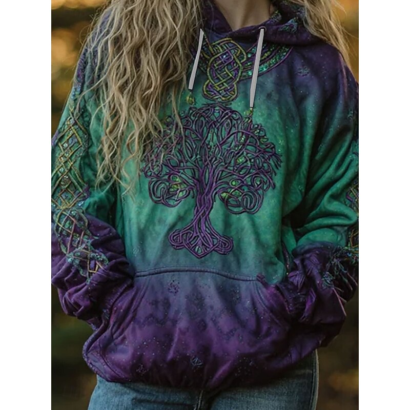 Women's 3D Print Vintage Boho Hoodie Patchwork Hoodie Sweatshirt Floral Pullover Sweatshirt Graphic Tribal Casual Long Sleeve Hooded  Party Evening Wear Street Dailywear Green Spring Fall Winter3