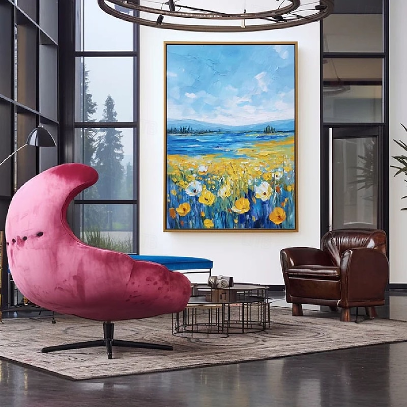 Handmade 3D Oil Painting Vibrant Floral Landscape with Sunlit Meadow Blooming Wildflowers and Mountain Lake Under Clear Blue Sky-High Quality Detailed Brushstrokes Create Realistic 3D Painting4