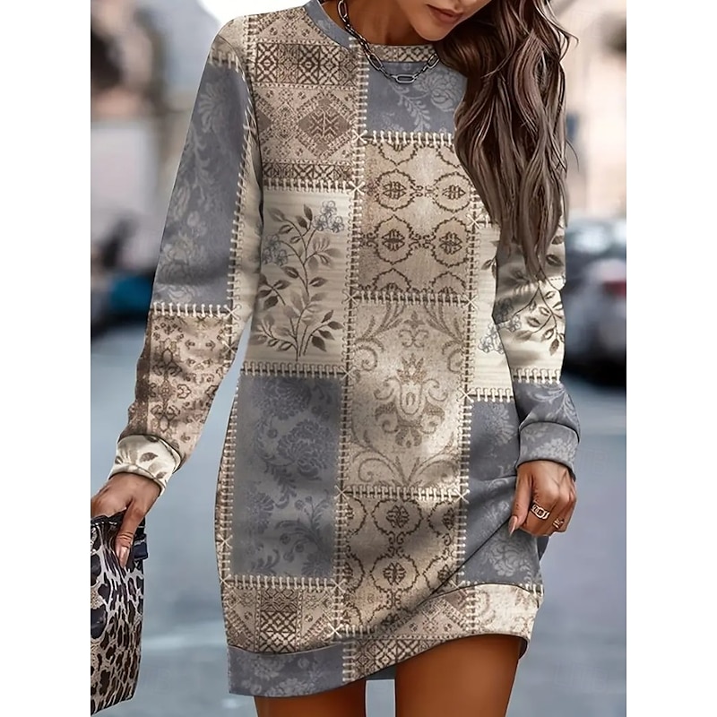 Women's Mini Dress Shift Dress Vacation Casual Birthday Daily Date Regular Fit Floral Graphic Striped Long Sleeve Crew Neck Light Brown Fall Winter
