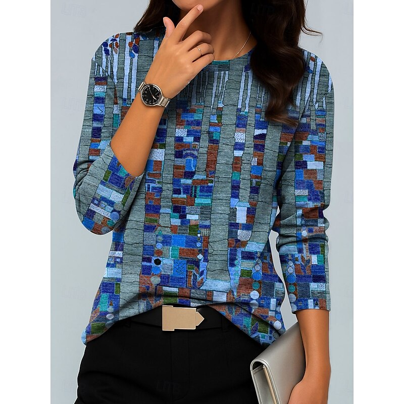 Women's Hoodies Graphic Geometric Color Block Vintage Fashion Casual Long Sleeve Round Neck Regular Tops Casual Print Blue Purple Green Khaki Fall Winter3