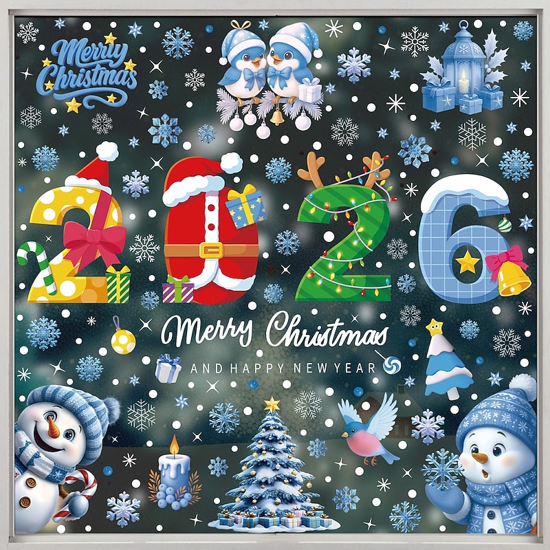 5 Sheets 2026 Christmas Window Cling Wall Sticker Decals Decorations, Colorful Creative Candy Canes & Bells, Merry Christmas, Static Cling, Holiday Home & Store Decor3