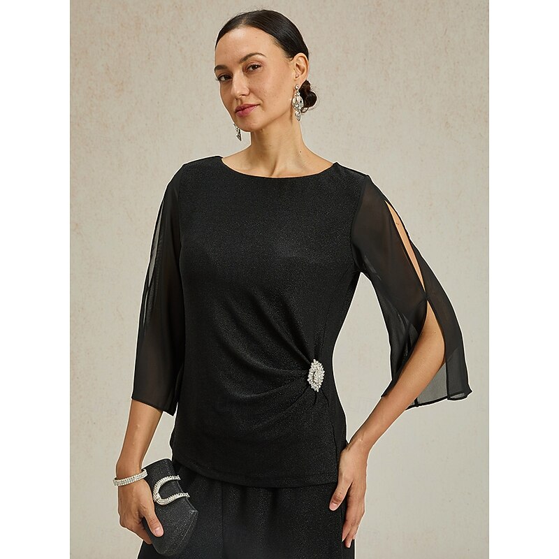 Women's Dressy Tops Solid Color Elegant Vintage Daily 3/4 Length Sleeve Crew Neck Regular Tops Wedding Guest Evening Party Date Night Outfits Glitter Black Spring, Fall, Winter, Summer
