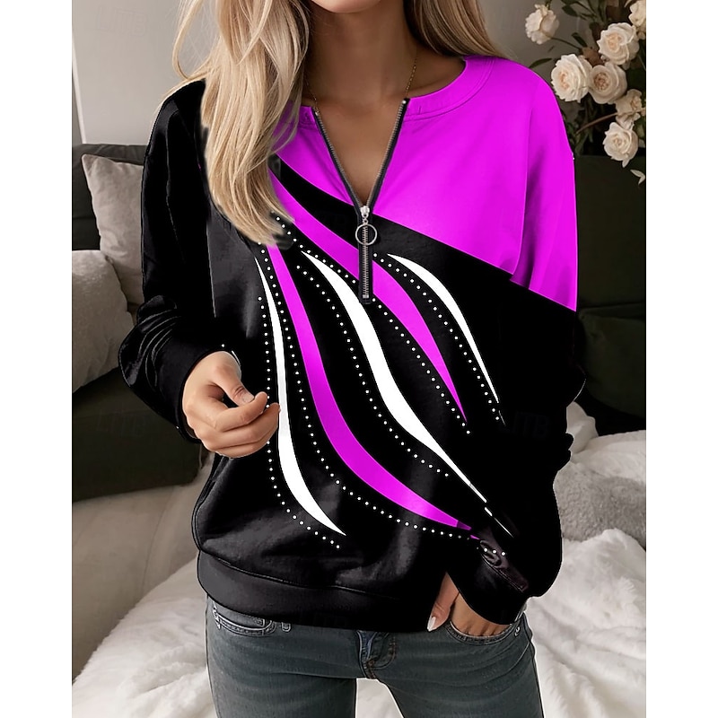Women's Pullover Sweatshirt Zip Up Sweatshirts Graphic Geometric Abstract Fashion Casual Long Sleeve Crew Neck Regular Tops Street Dailywear Zipper Print Red Blue Purple Green Gray Spring Fall Winter4