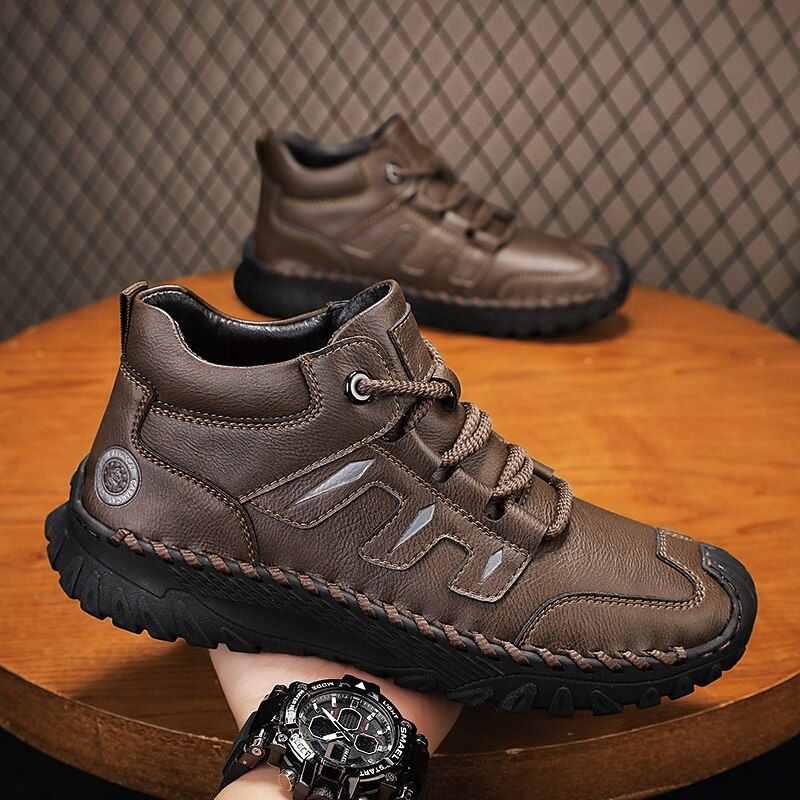 Men's Coffee Brown Leather Sneakers with Contrast Stitching and Cushioned Sole – Comfortable Casual Shoes for Outdoor Adventures and City Fashion3