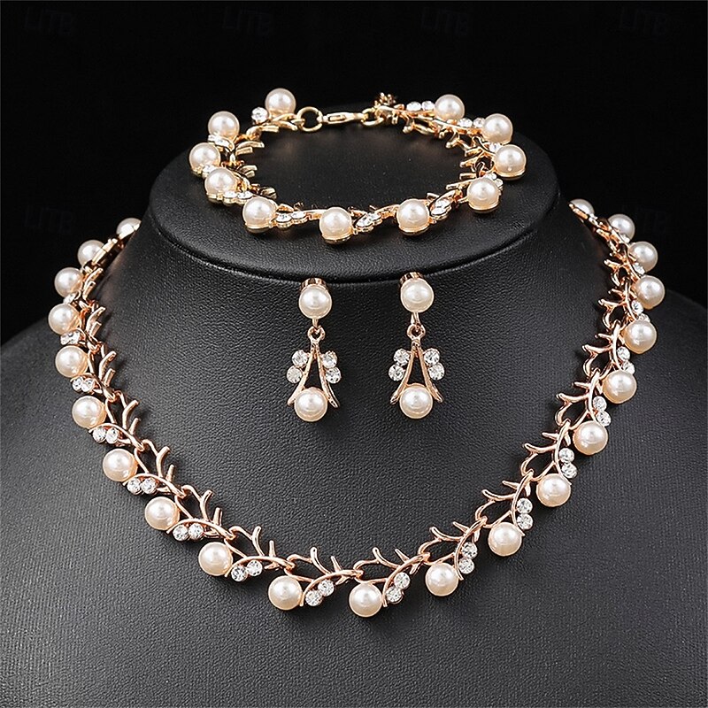 Jewelry Set Three-piece Suit Pearl Pearl Chrome 1 Necklace Earrings Necklace Women's Elegant Vintage Fashion Vintage Style Classic Floral Jewelry Set For Wedding Party Wedding Guest4