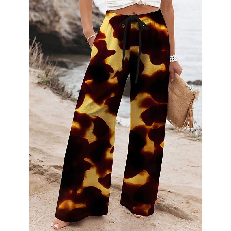 Women's Wide Leg Pants Trousers Vacation Casual Long High Waist Graphic Prints Elastic Waist Printing High Cut Breathability Soft Micro-elastic Vacation Street Daily Wear Black Spring Fall Regular Fit