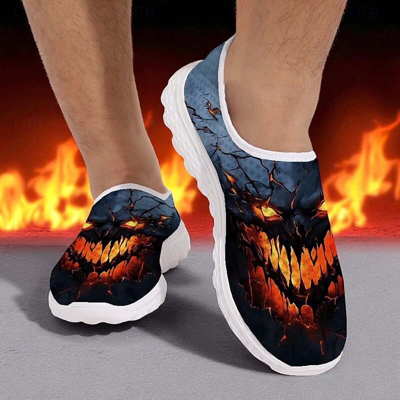 Men's Mesh Slip-On Sneakers with Fiery Skull Print – Casual Halloween Festival Shoes for Party, Travel and Daily Wear3