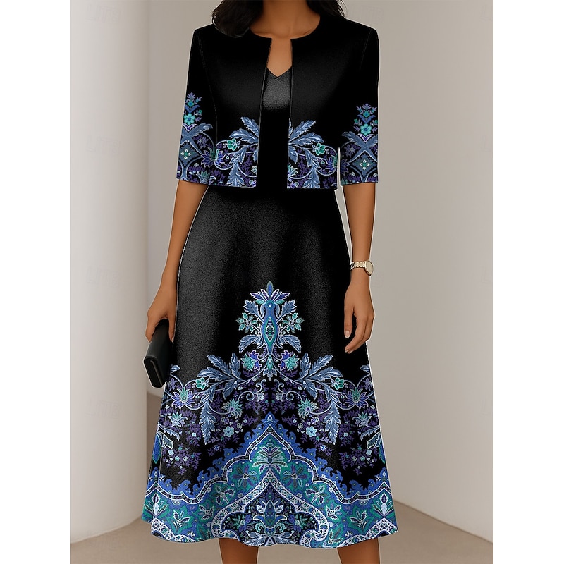 Women's Dress Set A Line Dress Summer Dress Elegant Casual Ombre Graphic Print Midi Dress Half Sleeve V Neck Formal Vacation Yellow Red Blue Spring Fall Regular Fit2