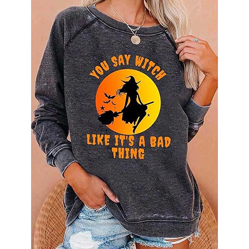 Halloween Women's Pullover Sweatshirt Witch Graphic Fashion Casual Long Sleeve Crew Neck Regular Tops Street Dailywear Casual Print Black White Gray Fall Winter