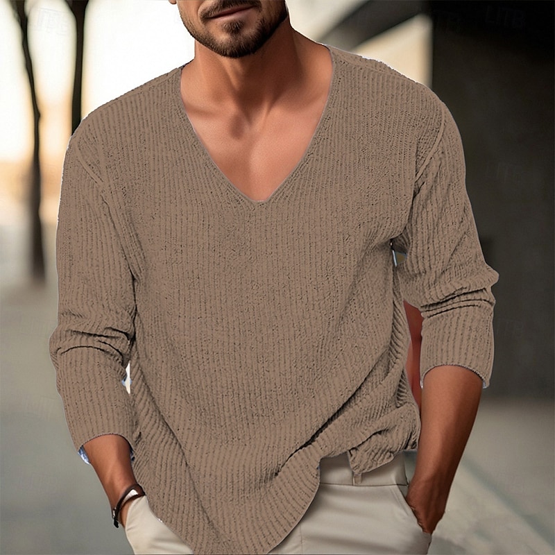 Men's Pullover Sweater Jumper Knit Sweater Ribbed Knit Regular Tops Knitted Plain V Neck Fashion Basic Vacation Daily Wear Clothing Apparel Fall Winter Black Pink M L XL2