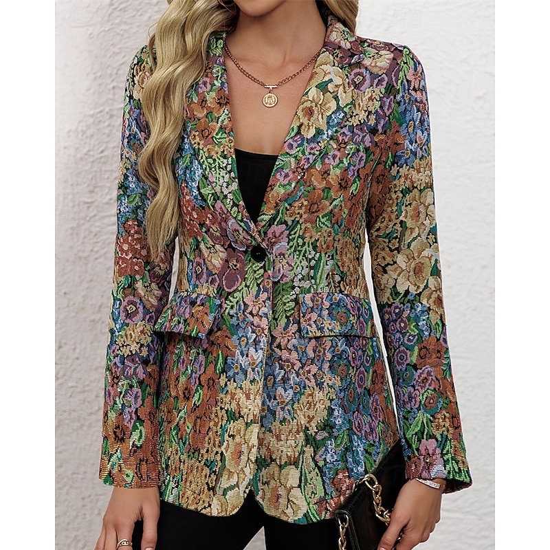 Women's Blazer Comfortable Pocket Print Elegant Fashion Outdoor Flower Going out Casual Daily Weekend Cardigan Regular Lapel Regular Fit Long Sleeve Outerwear Yellow Spring Fall4