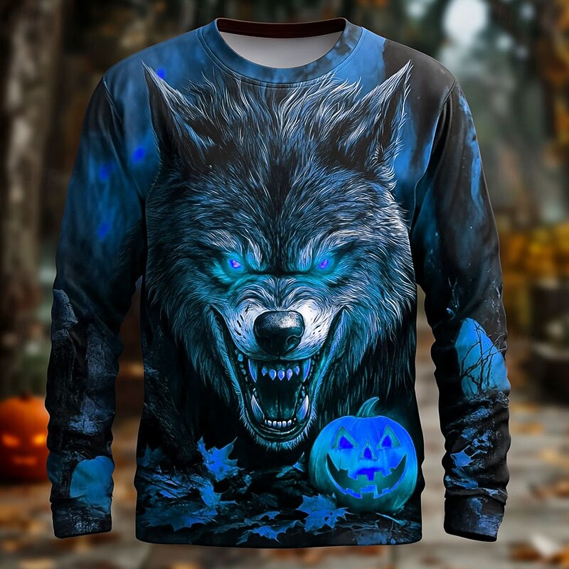 Halloween Men's 3D Werewolf T Shirt Long Sleeve T shirt 3D Print Crew Neck Shirt Fashion Exaggerated Street Casual Daily Blue Purple Orange Summer Spring Fall Clothing Apparel S M L XL XXL XXXL2