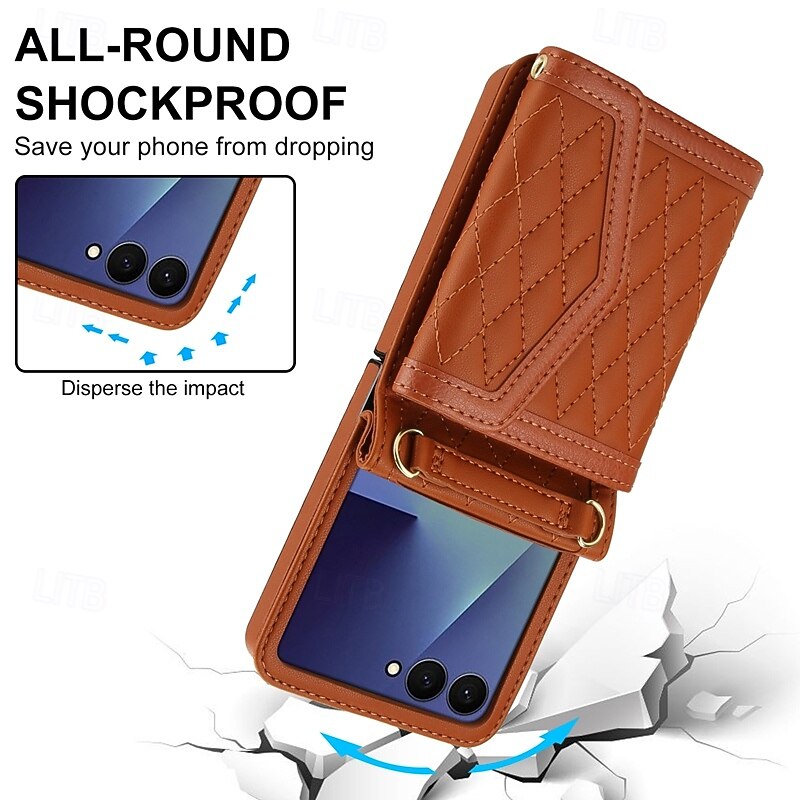 Phone Case For Samsung Galaxy Z Flip 7 Z Flip 6 Z Flip 5 Z Flip 4 Back Cover with Lanyard Card Slot Shockproof Retro TPU PU Leather3