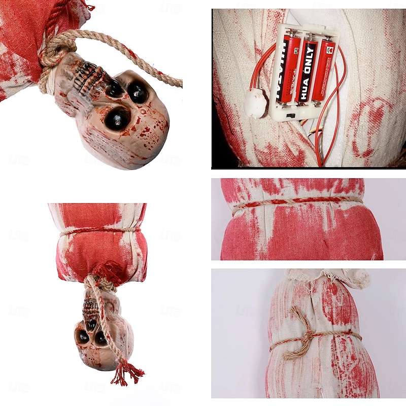 Scary Halloween Decorations Hanging Cocoon Corpse Animated Bloody Skull Corpse with Glowing Eyes & Spooky Sound for Haunted House Party Props Halloween Indoor Outdoor Decor4