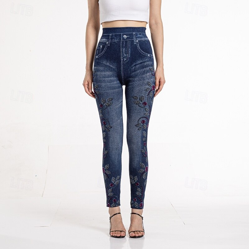 Women's Slacks Leggings Cozy Leggings Streetwear Casual Full Length Natural Flower Pocket Printing Comfortable Outdoor Vacation Street Blue Fall Regular Fit2