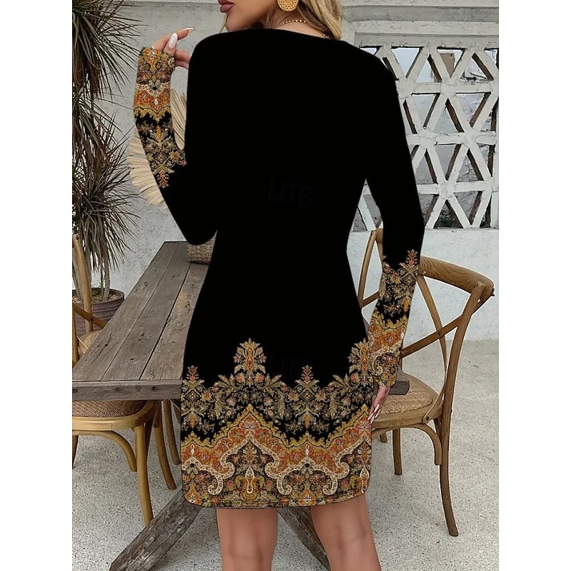 Women's Mini Dress Corset Dress Vacation Casual Boho Birthday Daily Holiday Regular Fit Graphic Paisley Tribal Long Sleeve Crew Neck Black Gold Gray Spring Fall Winter3