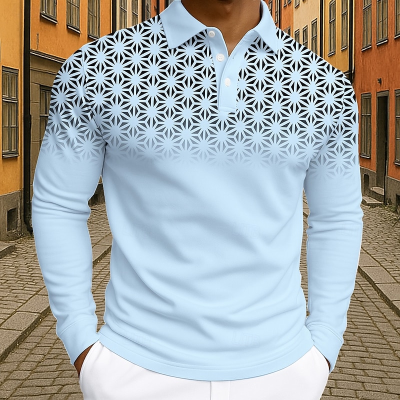 Men's Geometic Polo Long Sleeve Polo Shirts Lapel Business Casual Athleisure Daily Wear 3D Print Buttons Spring Fall Winter Black White Blue