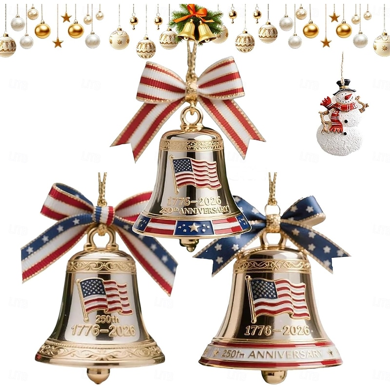 United States 250th Anniversary Bell Christmas Ornament Handmade Metal Enamel Crafted Commemorative Hanging Decor Freedom Bell Ornament for Collectors, Patriotic Christmas Tree, Fence, Patio