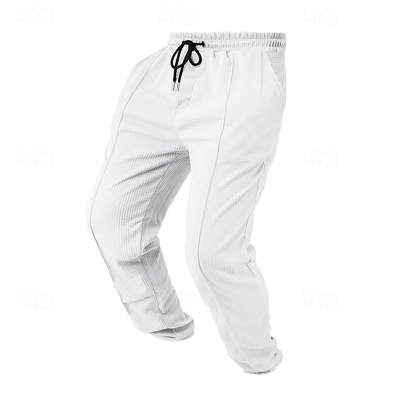 Men's Waffle Trousers Baggy Pants Buttons Plain Wearable Full Length Outdoor Daily Camping & Hiking Vacation Fashion Black White2