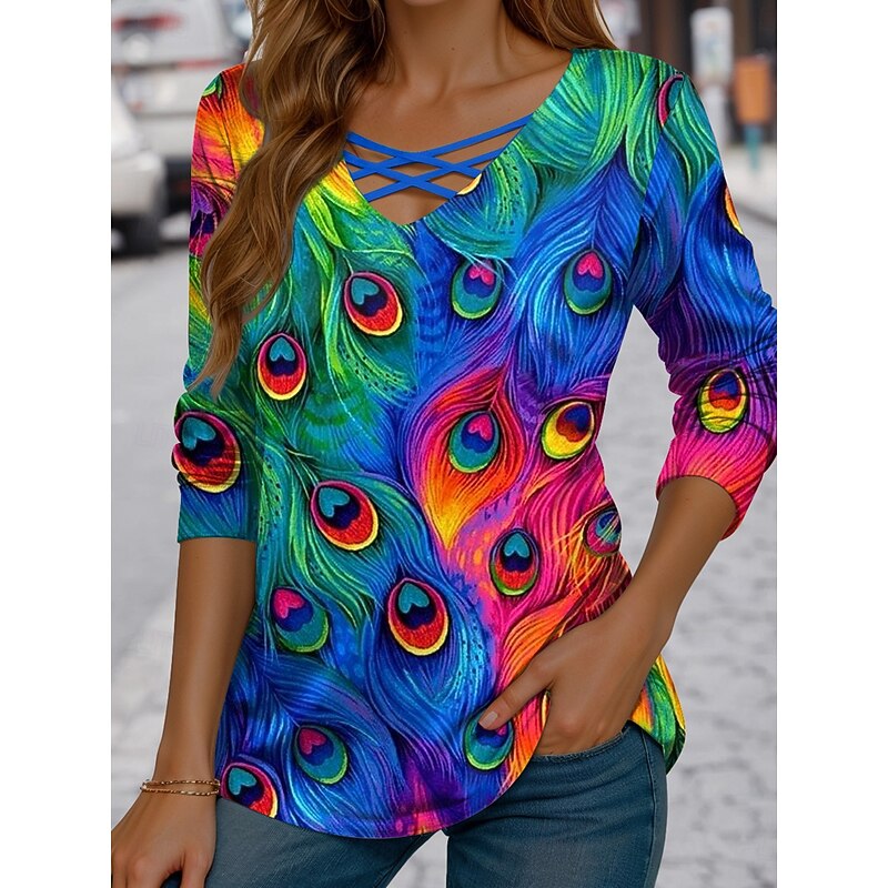 Women's T shirt Long Sleeve Graphic Animal Vintage Casual Trendy Long Sleeve V Neck Regular Tops Daily Cut Out Print Yellow Blue  Spring Fall Prefall2