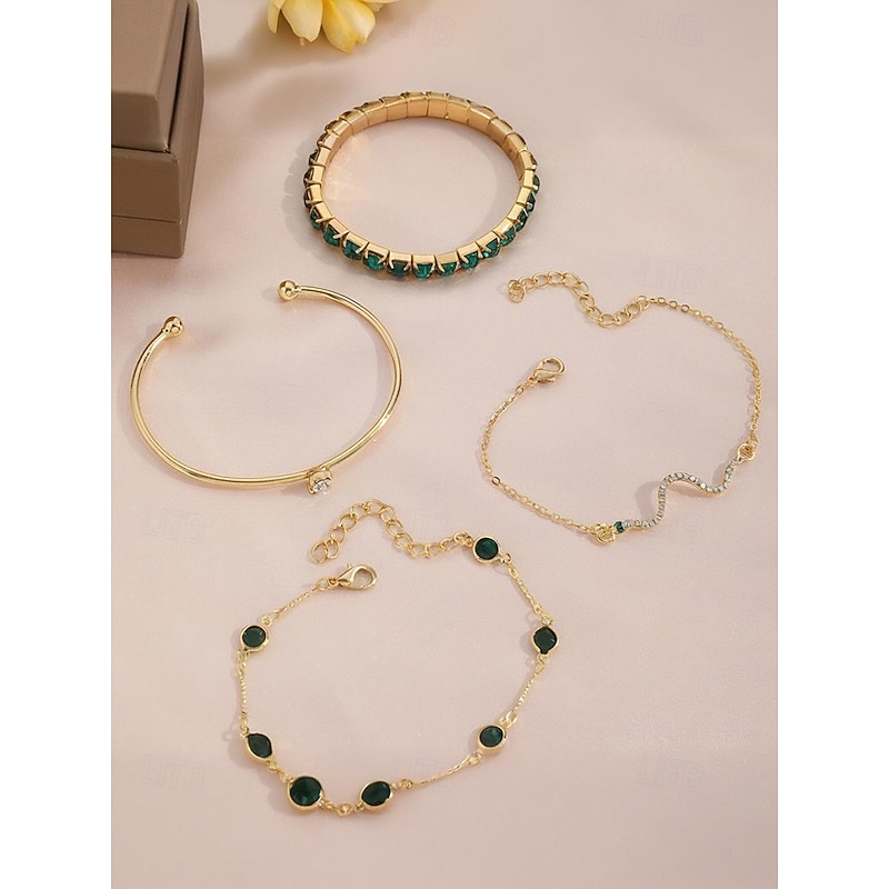Women's Gold-Tone Green Crystal Bracelet Set – 4-Piece Elegant Alloy Jewelry with Adjustable Chain, Fashion Statement Accessories for Parties, Weddings and Special Occasions3