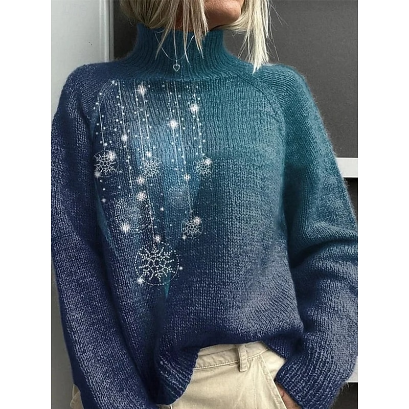 Women's Pullover Vacation Daily Floral Color Gradient Ribbed Turtleneck Knitted Print Long Sleeve Regular Tops Knit Outdoor Daily Holiday Blue Green Fall Winter