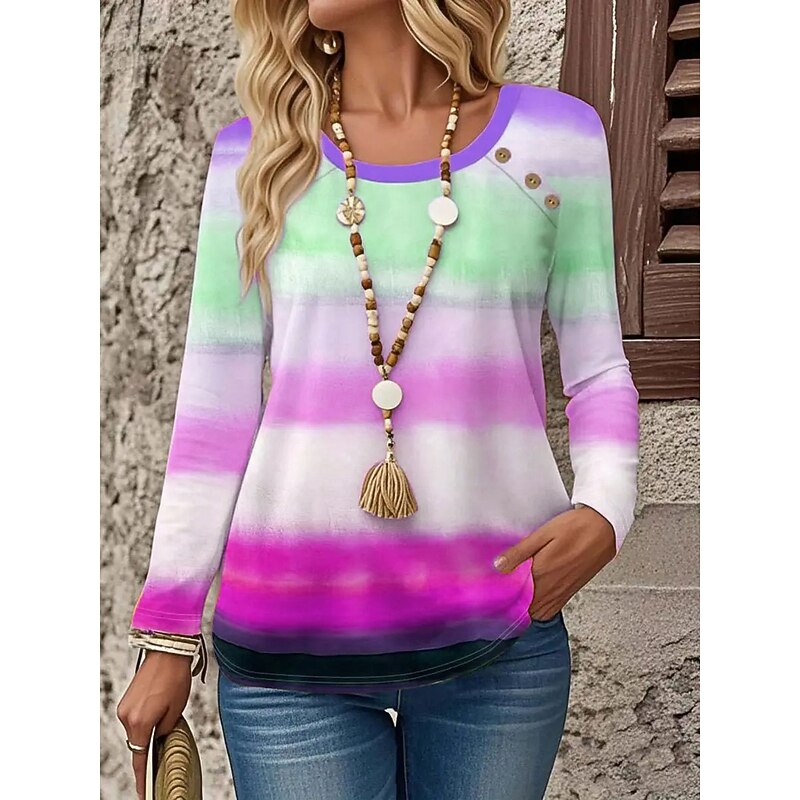 Women's T Shirt Ombre Graphic Geometric Vintage Stylish Classic Long Sleeve Crew Neck Round Neck Regular Tops Daily Going out Weekend Buttons Print Purple Fuchsia Orange Spring Fall Winter3