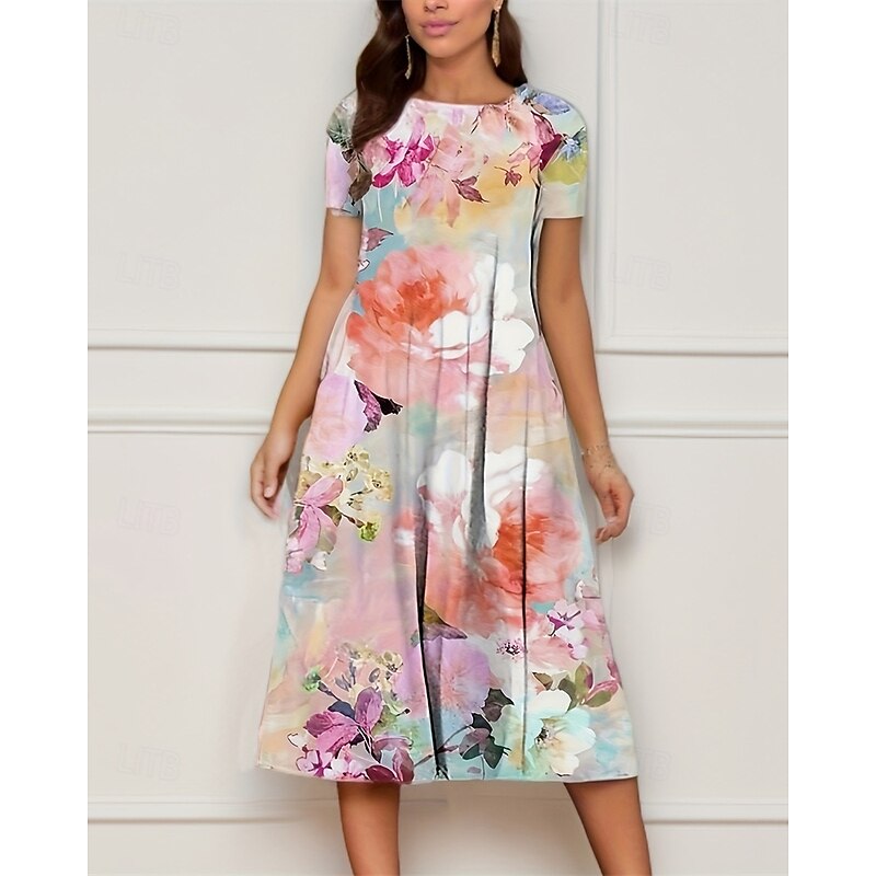 Women's Midi Dress Casual Dress Summer Dress Fashion Modern Daily Beach Weekend Regular Fit Flower Short Sleeve Crew Neck White Pink Summer Spring3