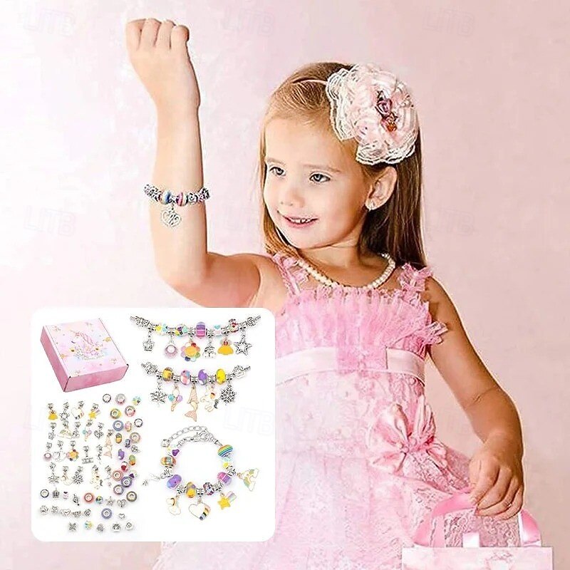 DIY Crystal Bracelet Set Kids Beaded Jewelry Making Kit Pink Cartoon Design Handmade Charm Bracelet Craft Accessories with Gift Box for Girls Creative Holiday Present2