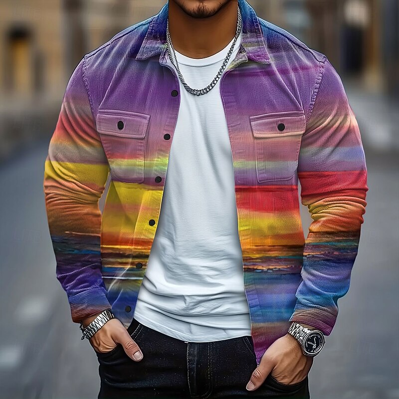 Men's Rainbow Color-blocking Corduroy Shirt Shirt Jacket Overshirt Long Sleeve Casual Outdoor Dailywear Fall Winter Turndown Button-Down Warm Jacket with Flap Pockets Yellow Orange Green3