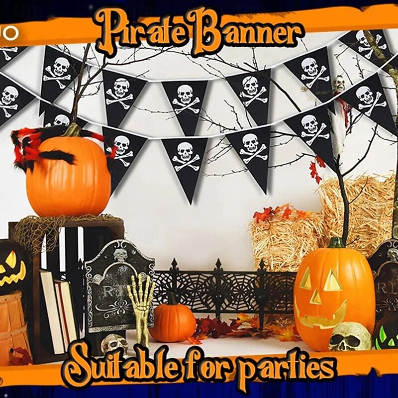 Halloween Pirate Banner Skull Pirate Flag Pirate Decorations Pirate Ship Pennant Bunting Decor for Wedding Celebration Decor Outdoor Party Supplies 5M4