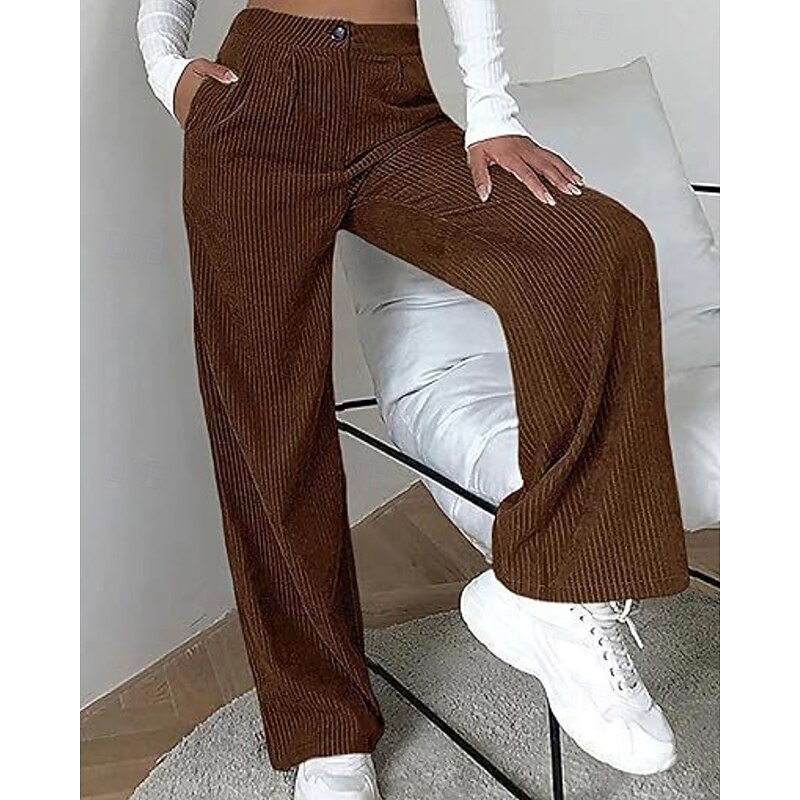 Women's Wide Leg Corduroy Pants Slacks Streetwear Casual Full Length Natural Plain Pocket Elastic Waist Soft Street Holiday Daily Wear Dark-Gray Dark Brown Black Army Green Fall Regular Fit3