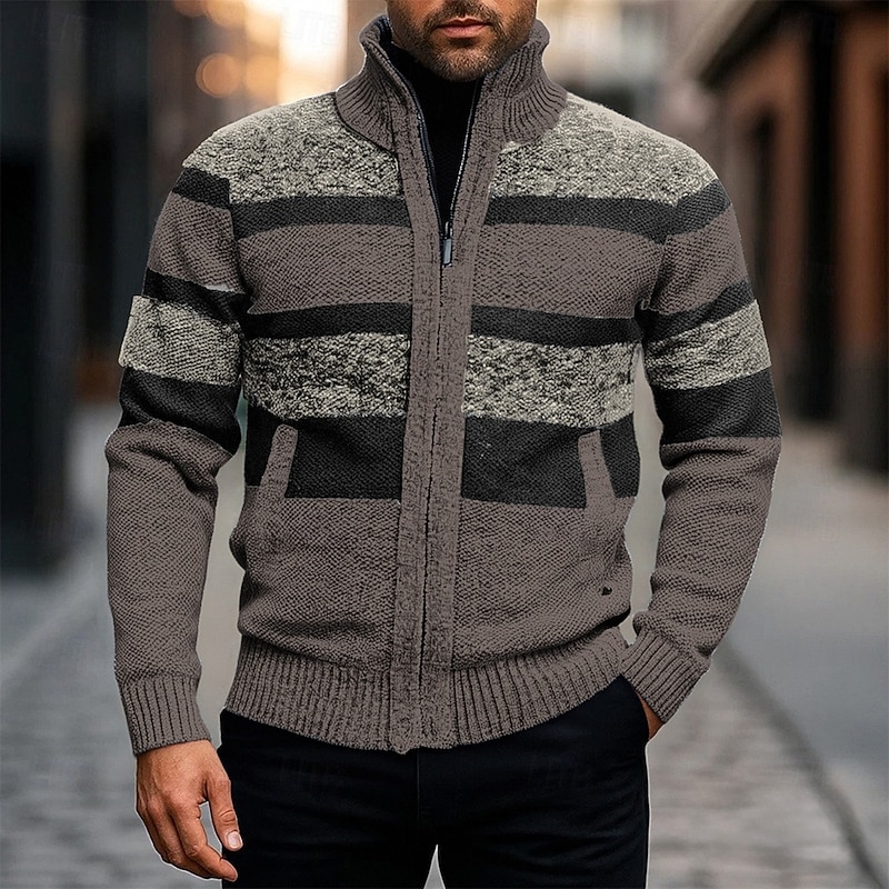 Men's Cardigan Sweater Cropped  Sweater Zip Sweater Knit Sweater Ribbed Knit Regular Tops Patchwork Pocket Color Block Stand Collar Fashion Classic Vacation Daily Wear Clothing Apparel Fall Winter3