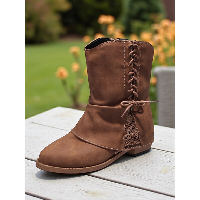 Women's Dark Brown Faux Leather Ankle Boots with Side Zipper and Lace Detail – Casual Vintage Low Heel Boots for Daily Wear, Travel and Outdoor Outfits2