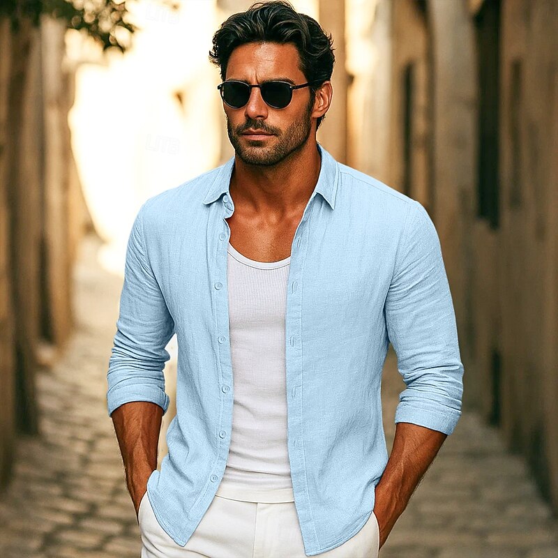 Men's Shirt Linen Shirt Summer Shirt Beach Wear Button Up Shirt Plain Vacation Casual Black White Pink Royal Blue Long Sleeve Collar Summer Spring Clothing Apparel Plain3
