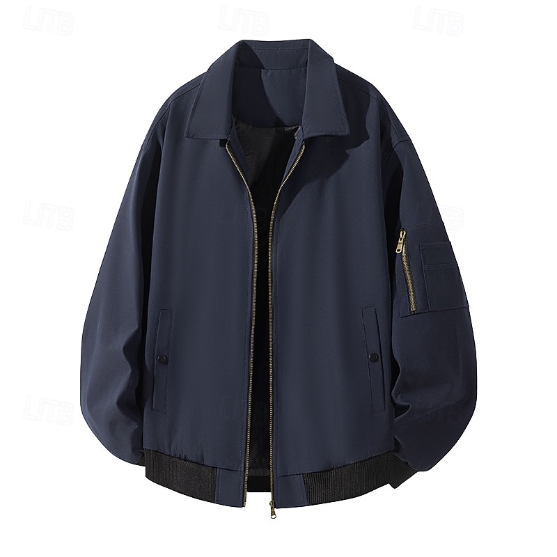 Men's Jacket Casual Jacket Outdoor Vacation Warm Zipper Pocket Fall Winter Plain Fashion Streetwear Standing Collar Regular Black Dark Blue Jacket - Main Image