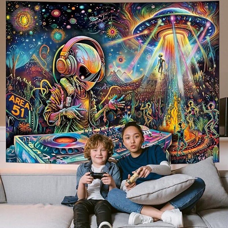 Alien DJ Blacklight Tapestry – Area 51 Psychedelic Glow in the Dark Wall Hanging for Bedroom or Living Room Trippy Space Decor4