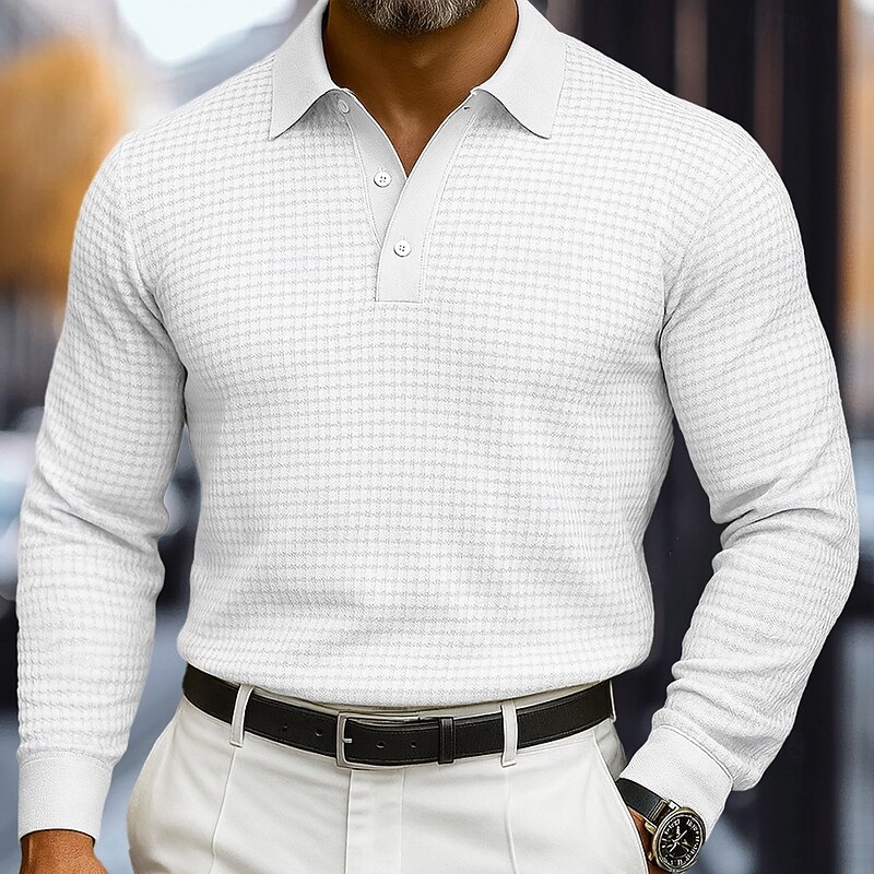 Men's Waffle Polo Shirts Golf Shirt Street Casual Lapel Long Sleeve Basic Modern Plain Textured Buttons Spring Fall All Seasons Regular Fit Black White Yellow Gray Waffle Polo Shirts4