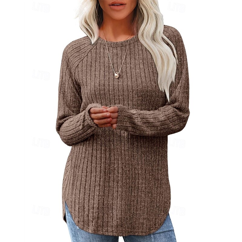Women's Sweater Pullover Daily Stylish Casual Solid Color Ribbed Crew Neck Knitted Long Sleeve Regular Tops Knit Daily Holiday Going out Black Wine Fall Winter