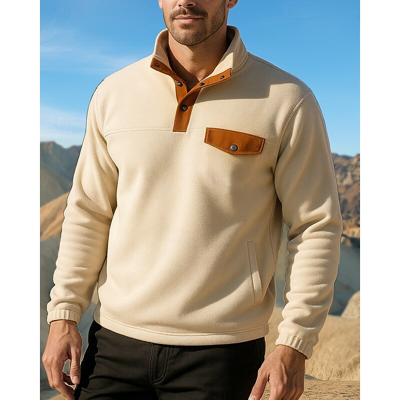 Men's Casual Shirt Hiking top Henley Shirt Long Sleeve Stand Collar Top Outdoor Breathable Polyester Black White Beige Tennis Golf Running4