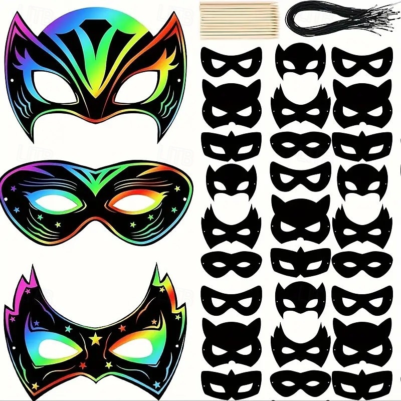 24 pcs Halloween Scratch Art Hero Mask Set with Elastic Bands and Wooden Stylus, DIY Craft Activity for Kids and Adults, Perfect for Costume Parties, Carnivals, Christmas, Halloween, Thanksgiving, and Holiday Decorations