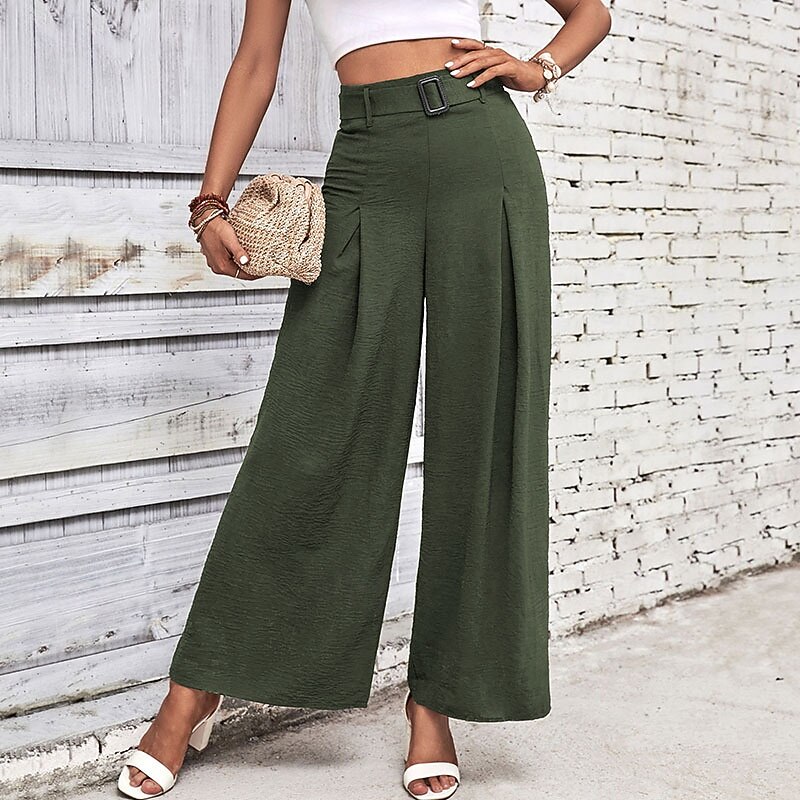 Women's Wide Leg Vacation Vintage Ethnic Style Full Length Mid Waist Plain Micro-elastic Vacation Home Office Coffee brown Black Navy Blue Army Green Spring Fall Regular Fit