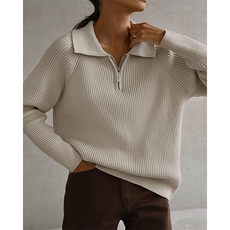 Women's Sweater Pullover Daily Stylish Casual Solid Color Ribbed Shirt Collar Zipper Knitted Long Sleeve Regular Tops Knit Daily Holiday Going out Pink Red Fall Winter