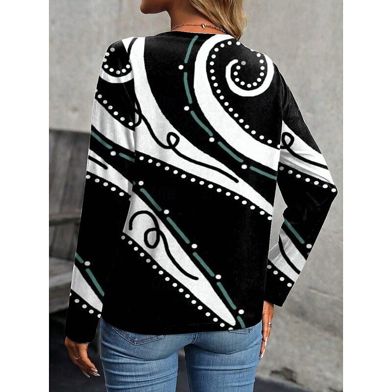 Women's T Shirt Graphic Geometric Vintage Stylish Casual Long Sleeve Crew Neck Regular Tops Daily Print White Yellow Blue Purple Green Spring Fall Winter2
