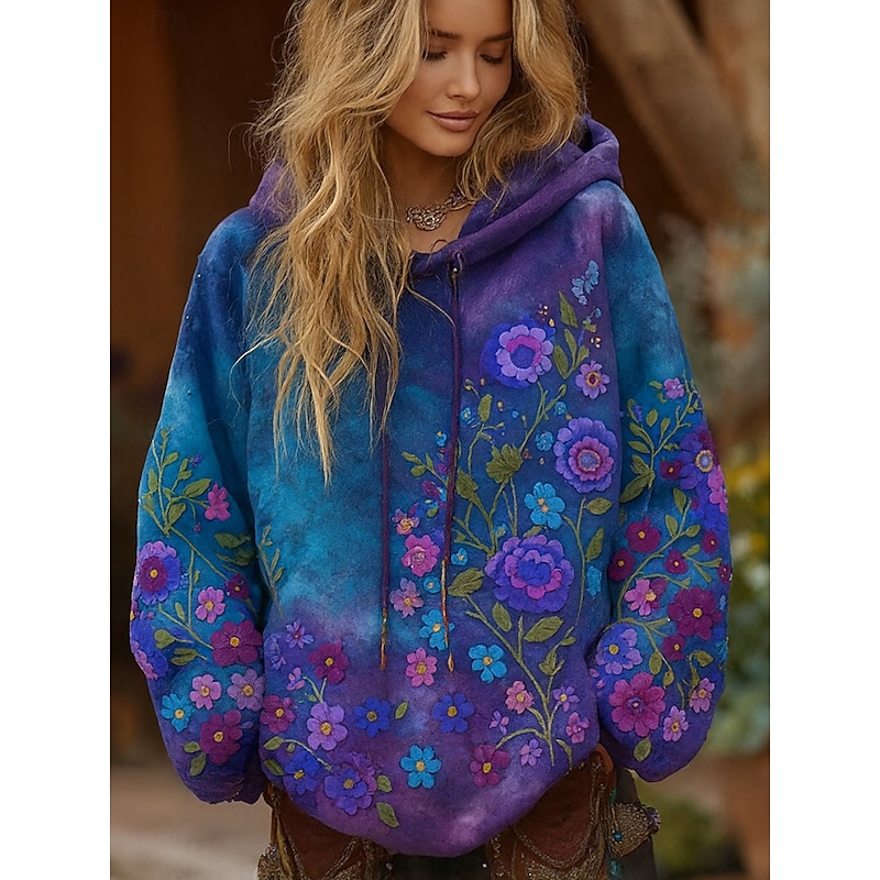 Women's 3D Print Vintage Boho Hoodie Patchwork Hoodie Sweatshirt Floral Pullover Sweatshirt Oversized Casual Warm Active Hooded Street Dailywear Patchwork Purple Spring Fall Winter3